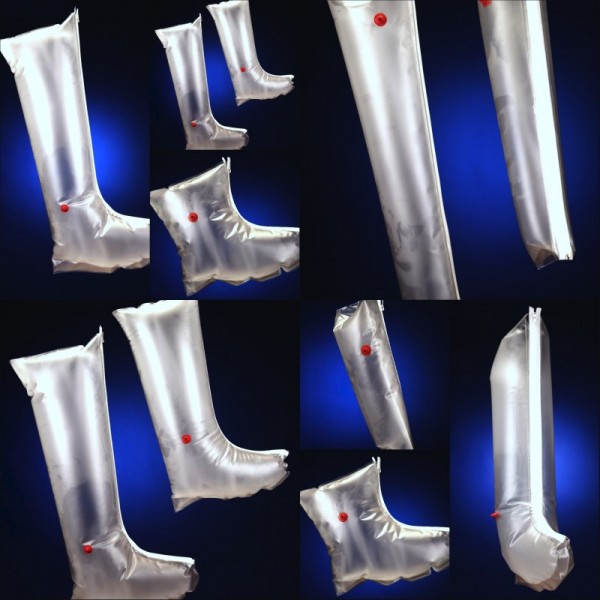 Collage of inflatable splints for legs, arms, ankles, etc. (Medical Industry Plastic Products)